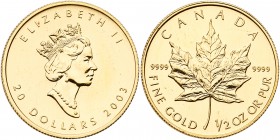 Canada. 20 Dollars, 2003. KM-199. Weight .49999 ounce. Maple leaf. Brilliant Uncirculated. Estimate Value $475 - 500