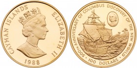 Cayman Islands. 100 Dollars, 1988. KM-97. Weight 0.4711 ounce. 500th Anniversary of Columbus Discovery of America. Mintage only 380 pieces. Choice Bri...