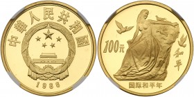 China. 100 Yuan, 1986. Fr-20; KM-149. Weight 0.3337 ounce. Mintage of 1,000 minted. Year of Peace. Statue of seated female. NGC graded Proof 68 Ultra ...
