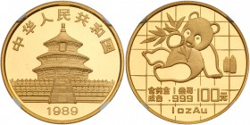 China. 100 Yuan, 1989. KM-229. Weight 0.9999 ounce. Panda reclining, grid behind. Large date. NGC graded MS-69. Estimate Value $1,100 - 1,300