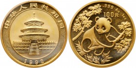 China. 100 Yuan, 1992. KM-395. Weight 0.9990 ounce. Panda on branch. Choice Brilliant Uncirculated. Estimate Value $1,100 - 1,200