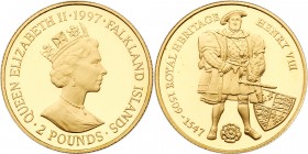 Falkland Islands. 2 Pounds, 1997. KM-124. Weight 0.1475 ounce. Elizabeth II. Reverse ; Henry VIII standing with shield to right and tudor rose below. ...