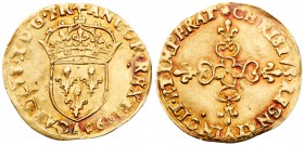 France. Ecu d'or, 1590-A (Paris). Fr-389; Ciani-1481. 3.36 grams. Charles X, 1589-1590. Struck during the reign of Henry IV. Crowned arms. Reverse ; F...