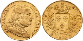France. 20 Francs, 1815-R (Rome). Fr-531; KM-706.7. Louis XVIII. One year type. Choice Very Fine. Estimate Value $300 - 350