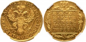 German States: Hamburg. 2 Ducats, 1785. Fr-1128; KM-450. Crowned imperial double-headed eagle with orb. Reverse ; Tablet with legend. Reflective field...