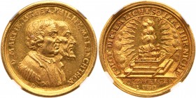 German States: Nuremberg. Gold Medal in Ducat Weight, 1730. Erlanger-2203. By Dockler. On the 200th Anniversary of the Augsburg Confession. Busts of L...