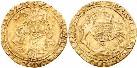 Great Britain. Half Sovereign, ND. S.2393; Fr-174. 4.95g. Henry VIII. Posthumous coinage (1547-1551). Tower mint. King seated on throne facing, holdin...