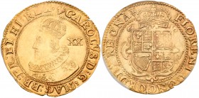 Great Britain. Unite, ND. S.2685; Fr-246. Charles I, 1625-1649. 8.86 grams. Tower mint under the King. Mint mark, Lis (1625). Crowned bust of King lef...