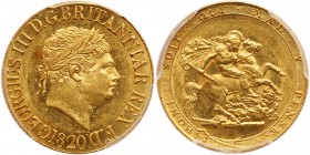 Great Britain. Sovereign, 1820. S.3785C; Fr-371; KM-674. George III. Obverse laureate bust of king by Pistrucci. Reverse; St George and dragon. Open 2...