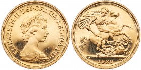 Great Britain. Sovereign, 1980. S.4204; Fr-418; KM-919. Weight 0.2355 ounce. Elizabeth II. Reverse; St. George slaying the dragon. Choice Brilliant Pr...