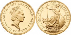Great Britain. 50 Pounds, 1991. KM-952a. Weight 0.5019 ounce. Elizabeth II. Reverse ; Britannia standing. Choice Brilliant Proof. Estimate Value $500 ...