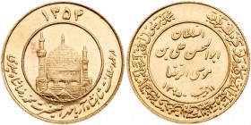 Iran. Gold Medal (Azadi), SH1354 (1975). Weight 8.00 grams. Mosque within circle. Reverse ; Inscription. About Uncirculated. Estimate Value $400 - 450