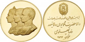 Iran. Gold Medal, MS2536 (1977). 19.9 grams. 32 mm. Unsigned. On the 18th birthday of his son Cyrus Reza. Conjoined busts of Farah Diba, Cyra Reza and...