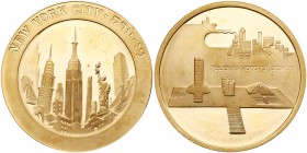 Israel. New York and Tel Aviv, State Gold Medal, 1991. 33 mm. 30 grams, 917 fine. Authorized maximum mintage 1,500. Features New York landmarks includ...