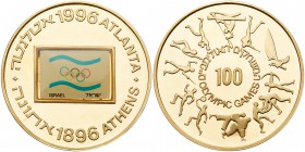 Israel. Atlanta Olympic Games (Flag in Color), State Gold Medal, 1996. 35 mm. 30 grams, 917 fine. Commemorates 100th anniversary of modern Olympic Gam...