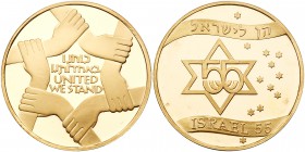 Israel. Yes to Israel (55th Anniversary), State Gold Medal, 2003. 34 mm. 26 grams, 999 fine. Rare, only 199 authorized. Six clasped hands form a Star ...
