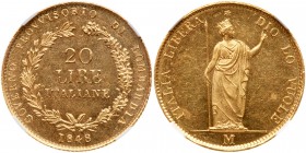 Italian States: Lombardy. 20 Lire, 1848-M. Fr-475; Pagani-212 (Rarity-2); KM-C23. Provisional Government. Value within wreath, date below. Reverse; It...