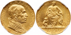 Italian States: Papal/Roman States. 100 Lire, 1945. Fr-287; KM-39; Pagani-711(R2). Anno VII. Pius XII. Bust right. Reverse ; Charity seated with child...