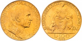 Italian States: Papal/Roman States. 100 Lire, 1945. Fr-287; KM-39. Year VII. Mintage 1,000. Pope Pius XII. Bust right. Reverse: Charity seated flanked...