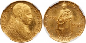 Italian States: Papal/Roman States. 100 Lire, 1953. Fr-290; KM-53.1; Pagani-719. Anno XV. Pius XII. Bust right. Reverse ; Charity standing. Mintage 1,...