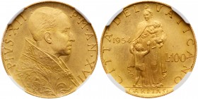 Italian States: Papal/Roman States. 100 Lire, 1954. Fr-290; KM-53.1; Pagani-720(R). Anno XVI. Pius XII. Bust right. Reverse ; Charity standing. Mintag...