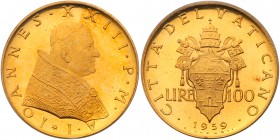 Italian States: Papal/Roman States. 100 Lire, 1959. Fr-292; KM-66. Mintage 3,000. Pope John XXIII. PCGS graded MS-66. Estimate Value $1,000 - 1,200