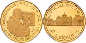 Italian States: Papal/Roman States. 100,000 Lire, 1999. KM-321. Weight 0.4422 ounce. Year XXI. Pope and Holy Year Door. Reverse ; St. Peter's Basilica...