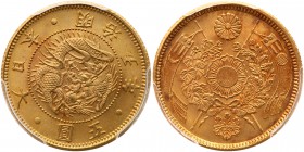 Japan. 5 Yen, Meiji 5 (1872). Fr-47a; Y-11a; JNDA 01-3A. Mutsuhito, 1867-1912. Dragon. Razor sharp gem example. PCGS graded MS-67. Estimate Value $5,0...