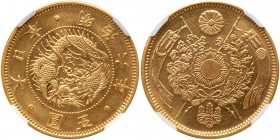 Japan. 5 Yen, Meiji 6 (1873). Fr-47a; KM-Y11a. Mutsuhito, 1867-1912. Dragon. Reverse ; Wreath over crossed banners. Gem brilliant mint state example. ...