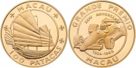 Macao. Grand Prix 3 Piece Set of 100 Patacas, struck in Gold, Silver and Bronze, 1988. As the standard silver KM-40 (Gold and Bronze unlisted). Gold w...