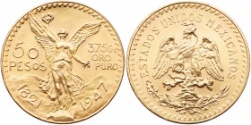 Mexico. 50 Pesos, 1947. KM-481. Weight 1.2056 ounce. Centennial of Independence. Winged Victory. Choice Brilliant Uncirculated. Estimate Value $1,300 ...