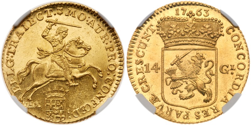 Netherlands: Utrecht. 14 Gulden, 1763. Fr-288; KM-104. Knight on horseback, swor...