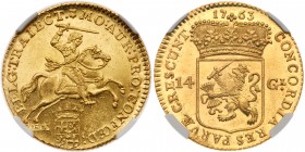 Netherlands: Utrecht. 14 Gulden, 1763. Fr-288; KM-104. Knight on horseback, sword arm above. Reverse; Crowned shield. NGC graded MS-63+. Estimate Valu...
