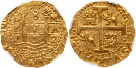 Peru. Cob 8 Escudos, 1712-M (Lima). Fr-7; KM-38.2. 26.91 grams. Philip V, 1700-1746. Pillars, P.V.A. and date and mint mark. Reverse; Cross of Jerusal...
