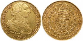 Peru. 8 Escudos, 1778-MJ (Lima). Fr-32; KM-82.1a. Charles III. Older standard bust to right. Reverse: Large crowned Hapsburg arms within chain of the ...