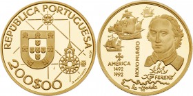 Portugal. 200 Escudos, 1992. KM-660b. Weight 0.8019 ounce. Columbus and New World - America. Choice Brilliant Proof. Estimate Value $800 - 850