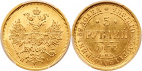 Russia. 5 Roubles, 1874-СПБ НI. Bit-22; Sev-496; Fr-163; KM-YB26. Alexander II. Eagle. Reverse; Value. PCGS graded MS-64. Estimate Value $1,000 - 1,20...