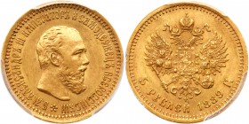 Russia. 5 Roubles, 1889-АГ. Bit-33; Sev-535; Fr-168; KM-Y42. Without АГ on neck. Alexander III. Head right. PCGS graded AU-58. Estimate Value $350 - 4...