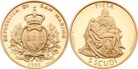 San Marino. 5 Scudi, 1996. KM-343. Weight 0.4997 ounce. Crowned crest within wreath. Reverse ; The Pieta, Mary receives Jesus' body. Choice Brilliant ...