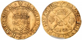 Scotland. Sword and Sceptre Piece, 1602. S.5460; Fr-46. 4.97g. James VI, 1567-1625. Eighth coinage. Crowned arms. Reverse ; Sword and scepter, crown a...