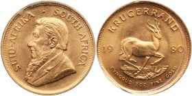 South Africa. Krugerrand, 1980. KM-73. Weight 1.0003 ounce. Bust of Paul Kruger left. In a special plastic presentation holder. Choice Brilliant Uncir...