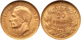 Yugoslavia. 20 Dinara, 1925. Fr-3; KM-7. Weight 0.1867 ounce. Alexander I. Head left. NGC graded MS-65. Estimate Value $325 - 375