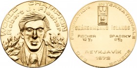Worldwide. Gold Medal, 1972. 29.6 grams. 37 mm. Fineness unknown. World Chest Champion Robert J. Fisher defeating Spassky in Iceland. Edition 245/400....