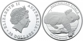 Australia. 30 Dollars, 2012-P. KM-1842. Weight 1 Kilo 999 silver (32.1186 ounces). Koala sleeping hugging branch. In original case of issue. Gem Brill...