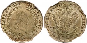 Austria. 20 Kreuzer, 1819-M. KM-2143. Milan mint. Franz II. NGC graded AU-55. Estimate Value $300 - 350