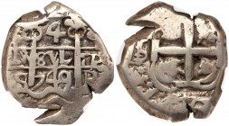 Bolivia. Cob 4 Reales, 1749-q (Potosi). KM-39. 13.28 grams. Philip V. Pillars. Reverse ; Cross of Jerusalem, lions and castles in quarters. NGC graded...