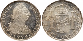Bolivia. 8 Reales, 1774-JR (Potosi). Eliz-12; KM-55. Charles III, 1759-1788. Laureate, draped, and cuirassed bust of Charles III right. Reverse; Crown...