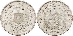 Chile. Peso, 1878. KM-142.1. Brilliant mint luster. Almost Uncirculated to Uncirculated. Estimate Value $75 - 100