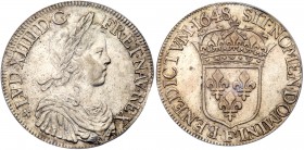 France. Ecu a la meche longue, 1648-F (Angers). Dav-3799; KM-155.5; Gad-202. Louis XIV, 1643-1715. Laureate bust of young king with long curl. Reverse...