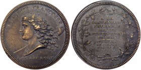 France. National Convention Medal, 1792. Maz-318; VG-338. 38 mm. Struck in bell metal. By Andre Galle. Liberty head left with Phrygian cap on pole ove...
